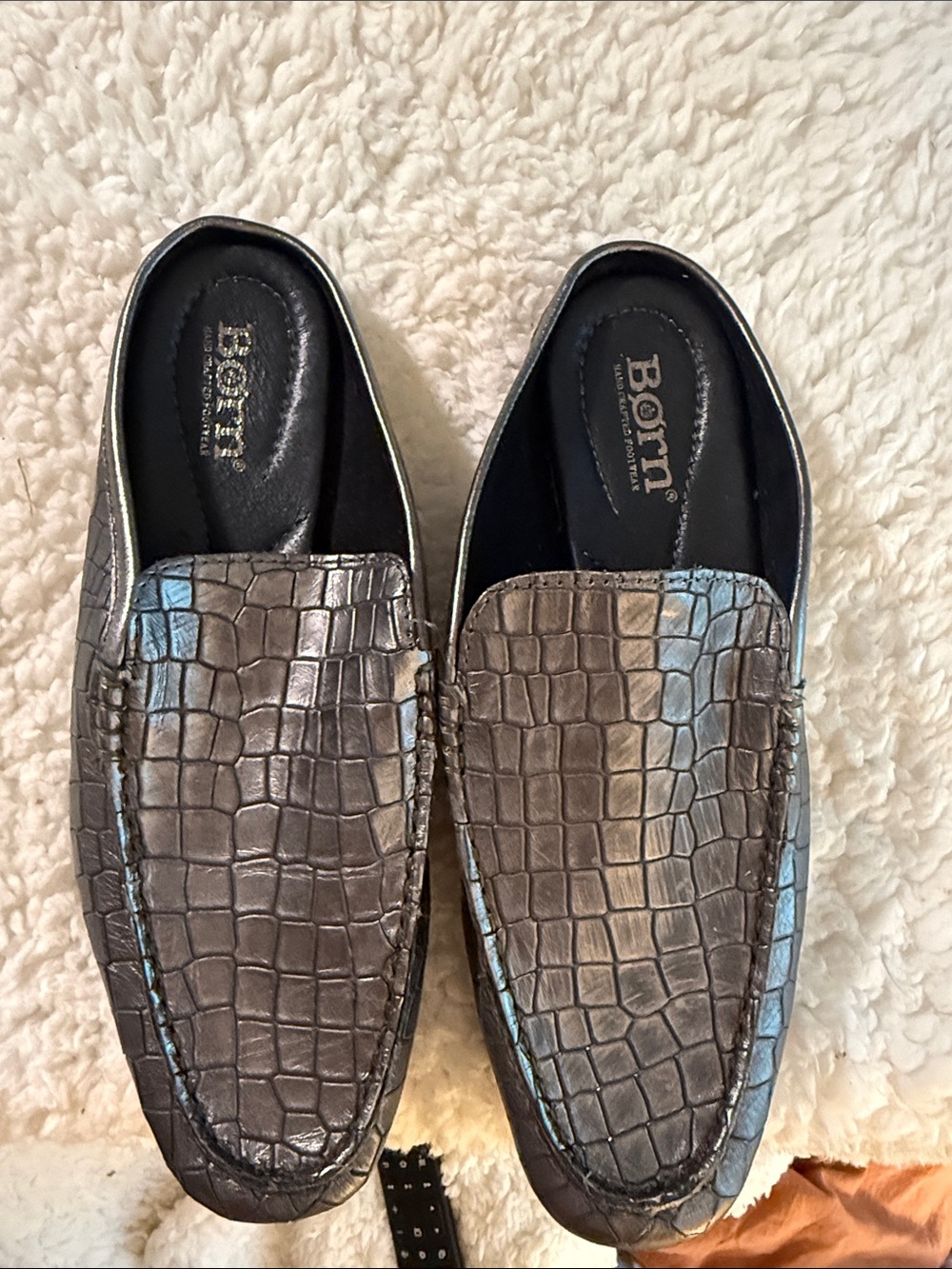 Born Metallic Croc-Embossed Driving Loafers - Silver Gray